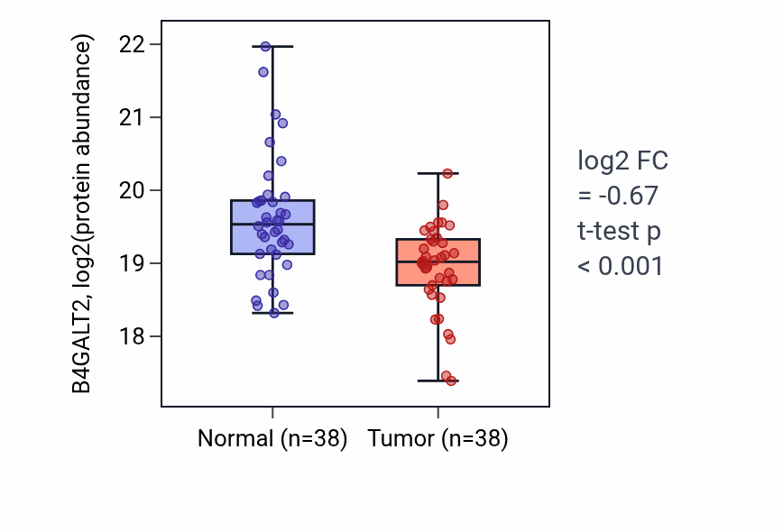 Tumor-vs-normal mass-spec protein box plot for B4GALT2 in HNSC.