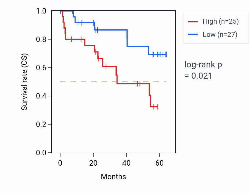 Kaplan&ndash;Meier survival curve for B4GAT1 mass-spec protein-high vs -low samples in CCRCC.
