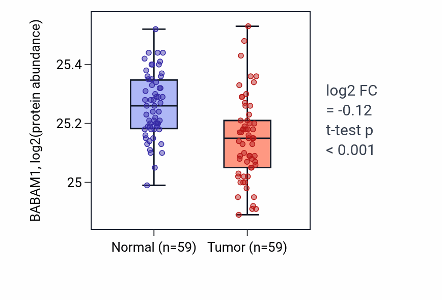Tumor-vs-normal mass-spec protein box plot for BABAM1 in LSCC.