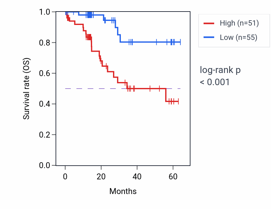 Kaplan&ndash;Meier survival curve for BACH1 mass-spec protein-high vs -low samples in LUAD.