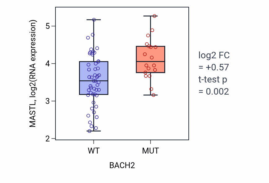 Box plot of MASTL in BACH2-low vs BACH2-high samples in LARGE_INTESTINE.