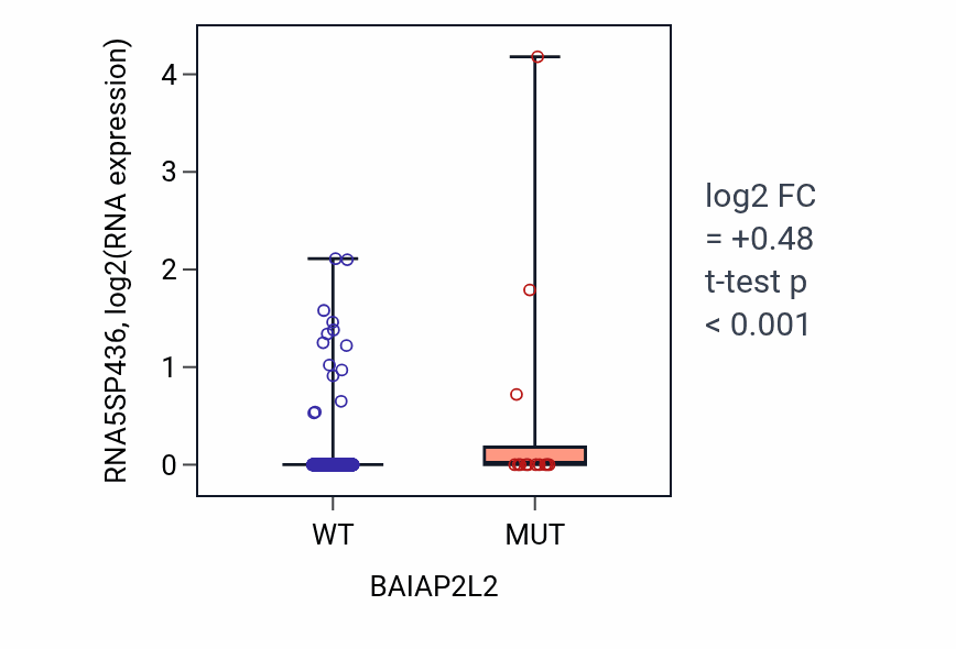 Box plot of RNA5SP436 in BAIAP2L2-low vs BAIAP2L2-high samples in UCEC.