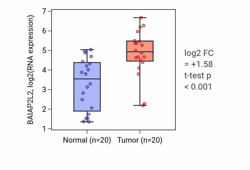 Tumor-vs-normal expression box plot for BAIAP2L2 in KIRC.
