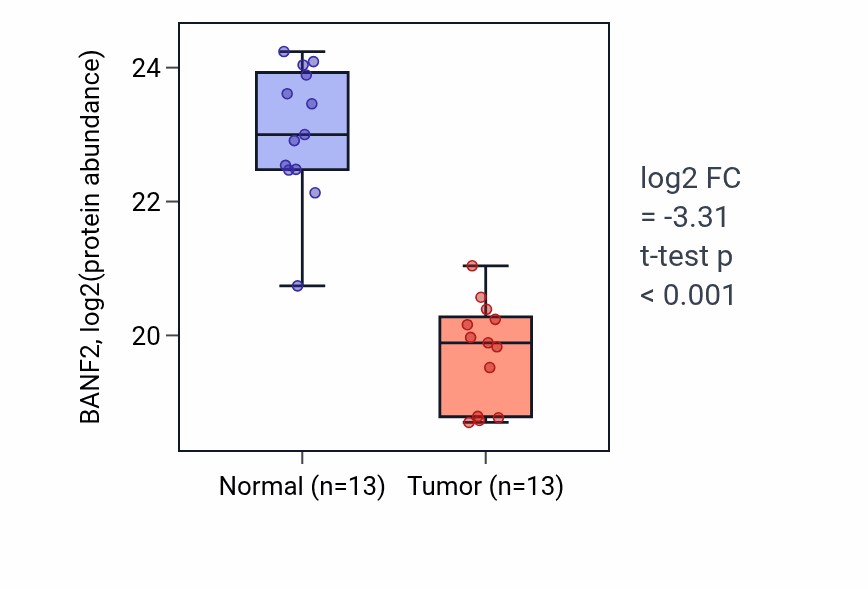 Tumor-vs-normal mass-spec protein box plot for BANF2 in PDAC.