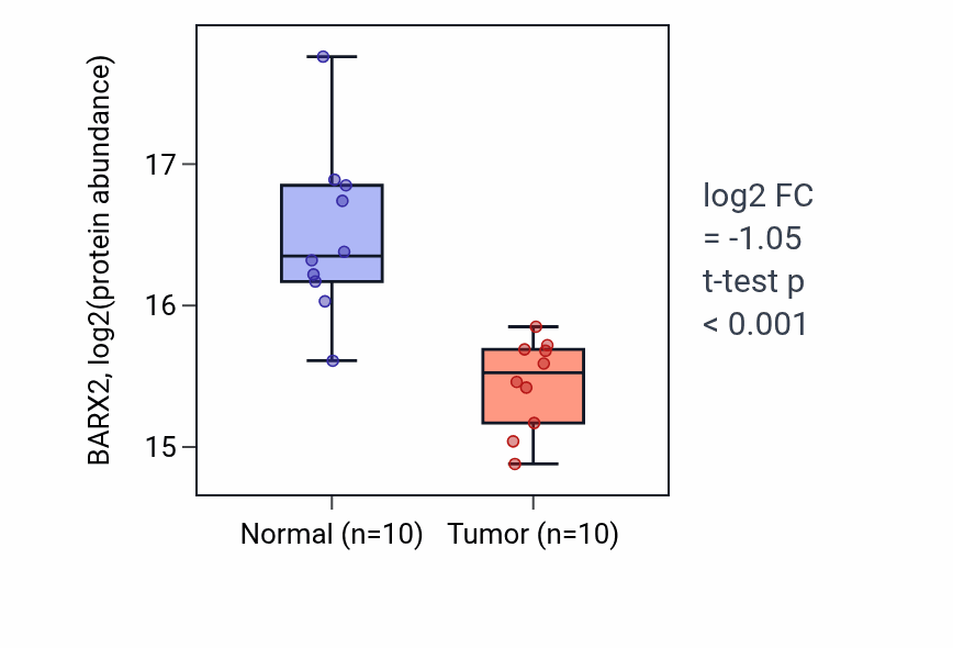 Tumor-vs-normal mass-spec protein box plot for BARX2 in HNSC.