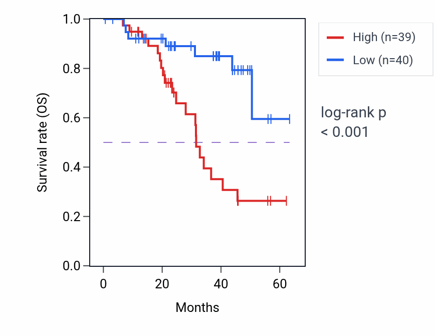 Kaplan&ndash;Meier survival curve for BAX mass-spec protein-high vs -low samples in HNSC.