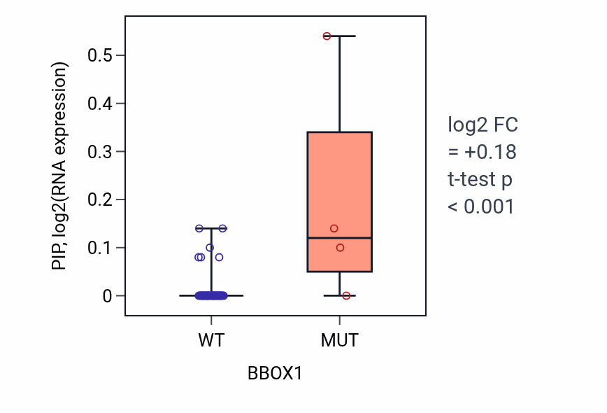 Box plot of PIP in BBOX1-low vs BBOX1-high samples in SKIN.