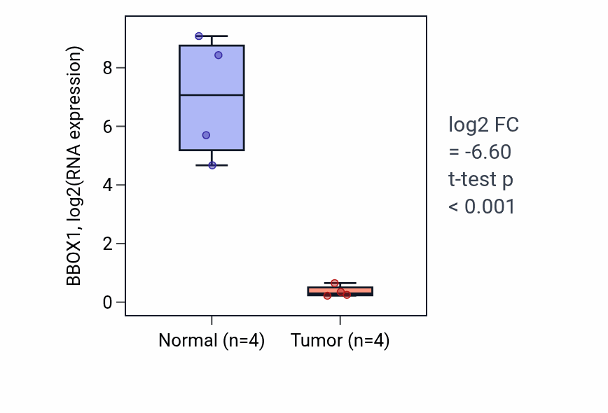 Tumor-vs-normal expression box plot for BBOX1 in KICH.