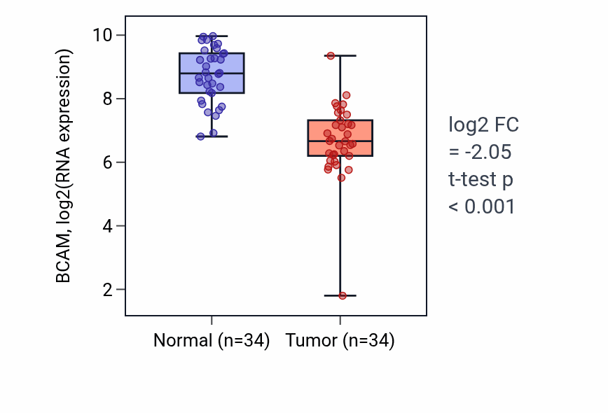 Tumor-vs-normal expression box plot for BCAM in KIRC.