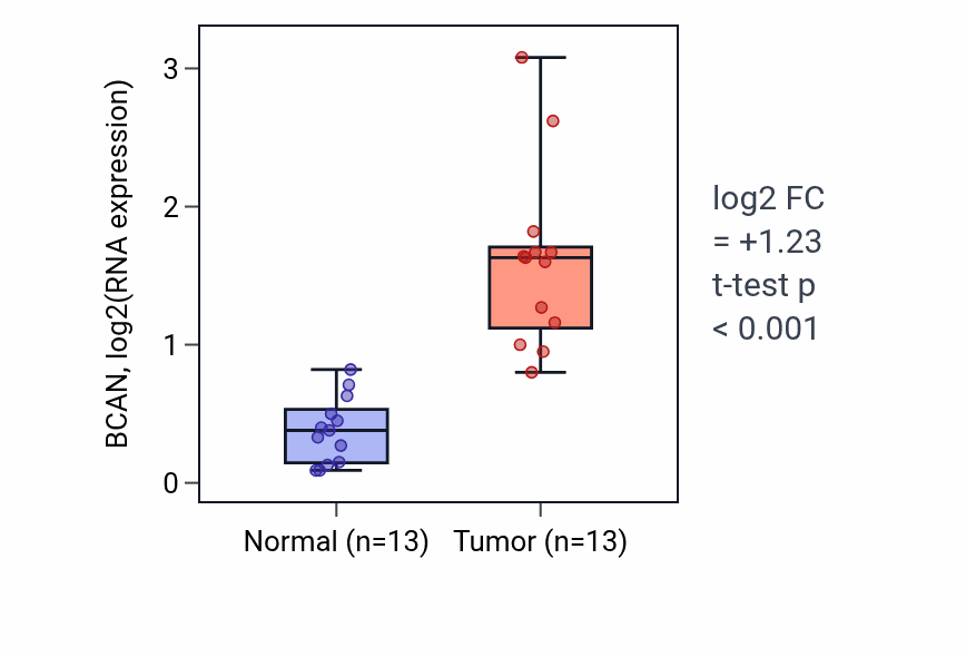 Tumor-vs-normal expression box plot for BCAN in KIRC.