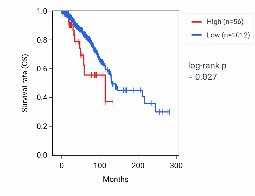 Kaplan&ndash;Meier survival curve for BCAR1P1 RNA expression in BRCA: high vs low expression groups.