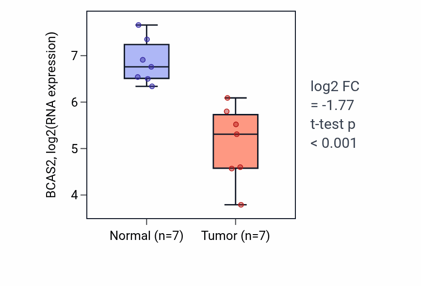 Tumor-vs-normal expression box plot for BCAS2 in KICH.