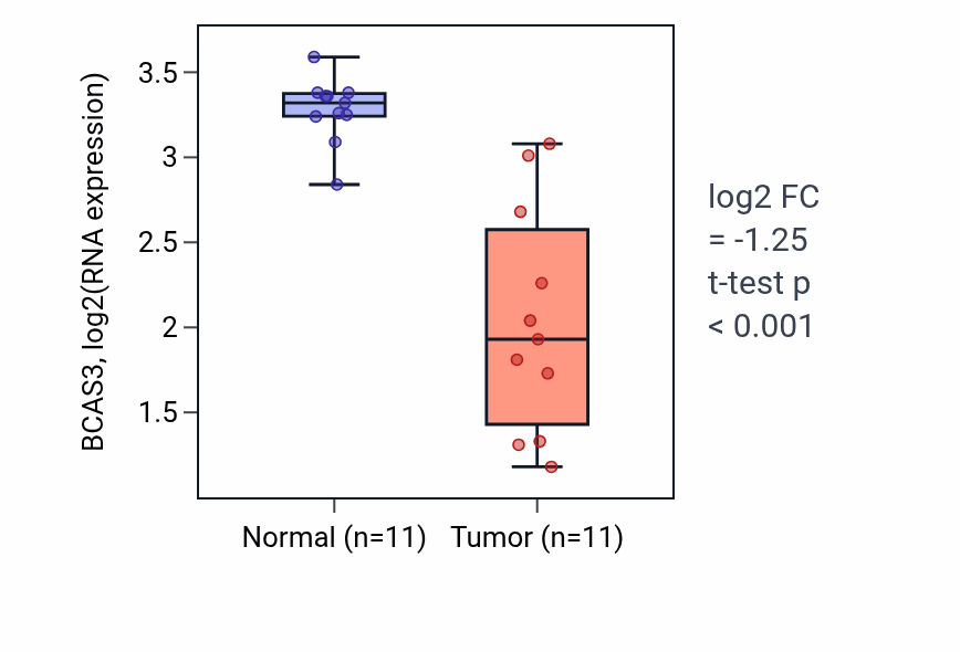 Tumor-vs-normal expression box plot for BCAS3 in KICH.