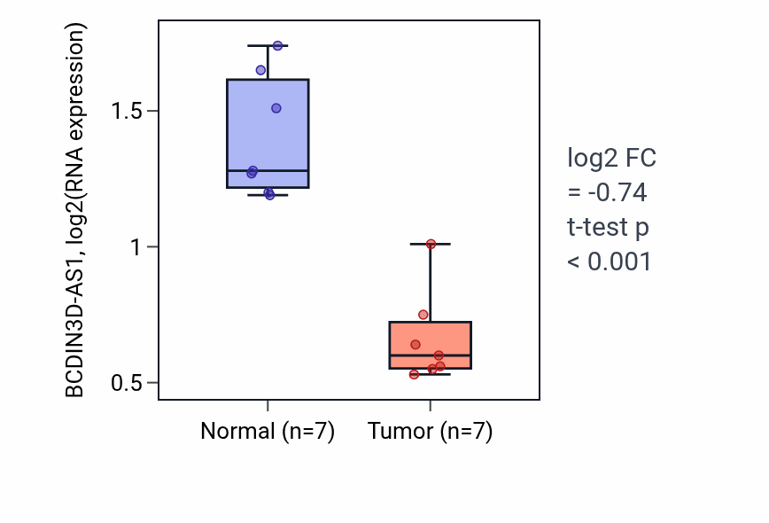 Tumor-vs-normal expression box plot for BCDIN3D-AS1 RNA in THCA.