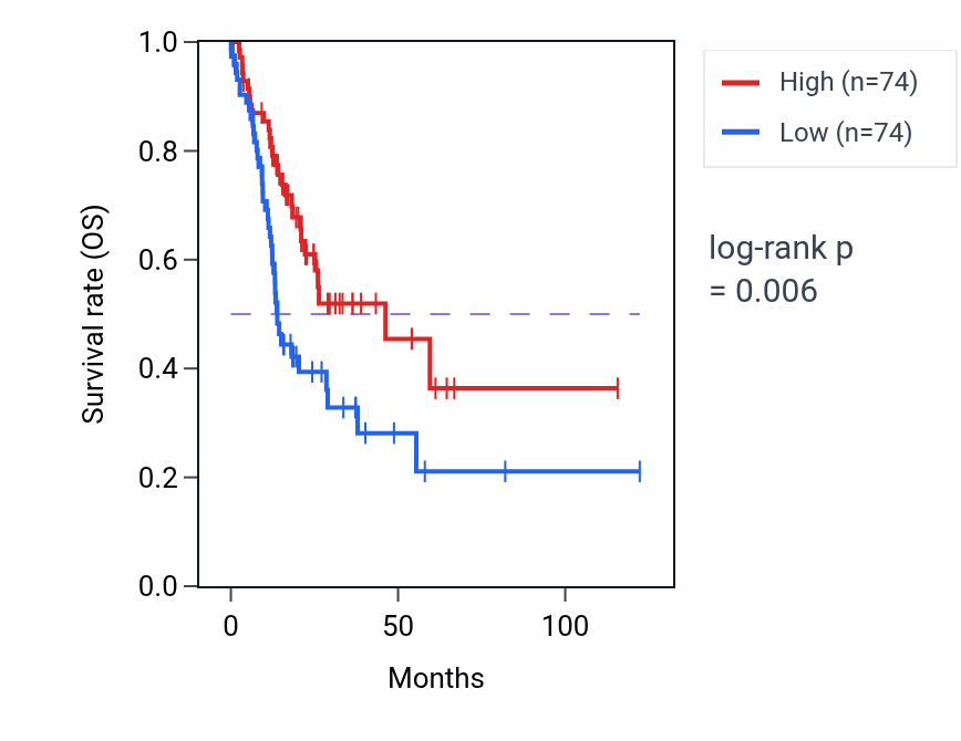 Kaplan&ndash;Meier survival curve for BCL2L1-AS1 RNA expression in STAD: high vs low expression groups.