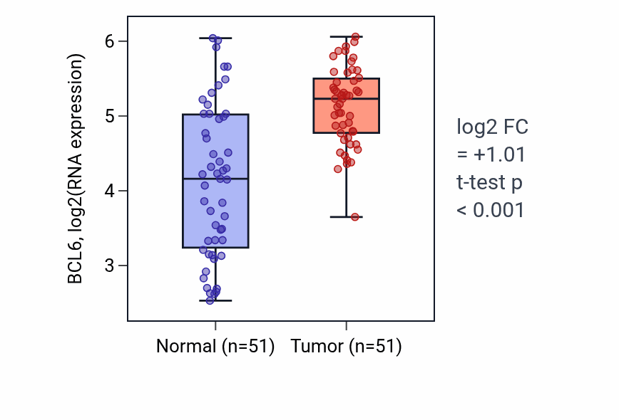 Tumor-vs-normal expression box plot for BCL6 in KIRC.