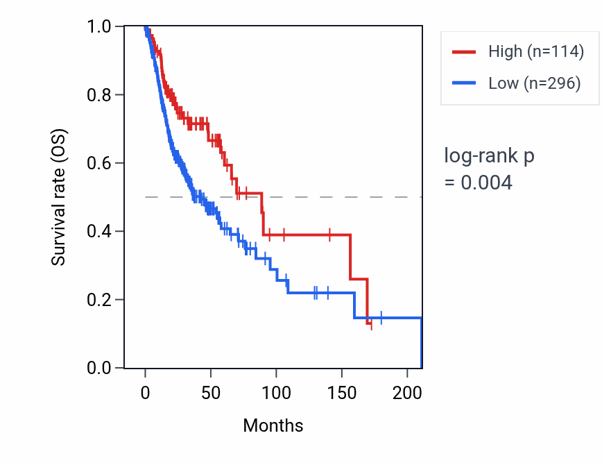 Kaplan&ndash;Meier survival curve for BCRP1 RNA expression in HNSC: high vs low expression groups.