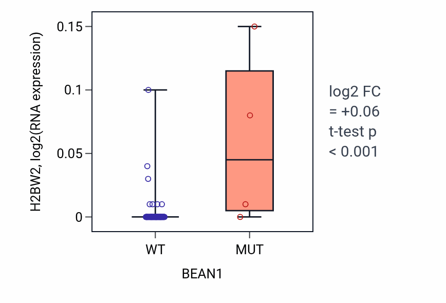 Box plot of H2BW2 in BEAN1-low vs BEAN1-high samples in CNS.
