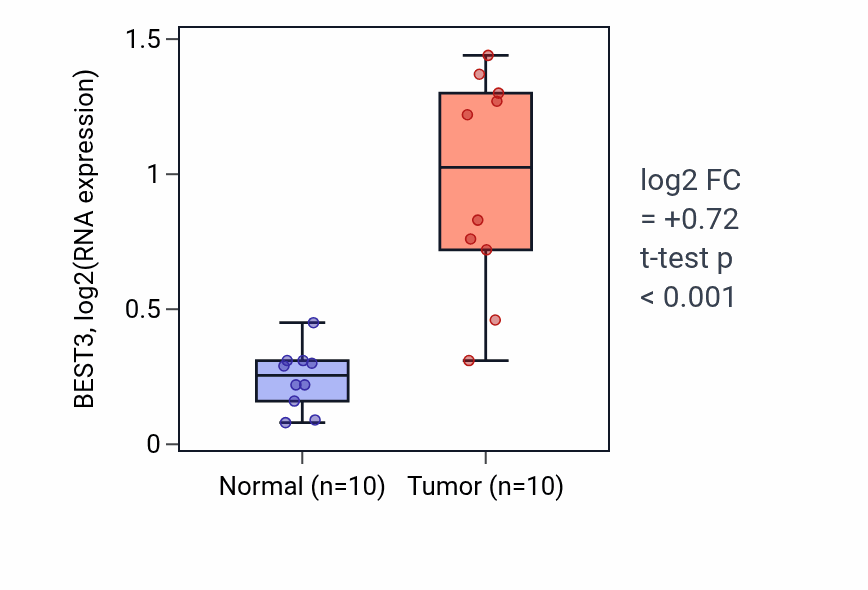 Tumor-vs-normal expression box plot for BEST3 in KIRP.