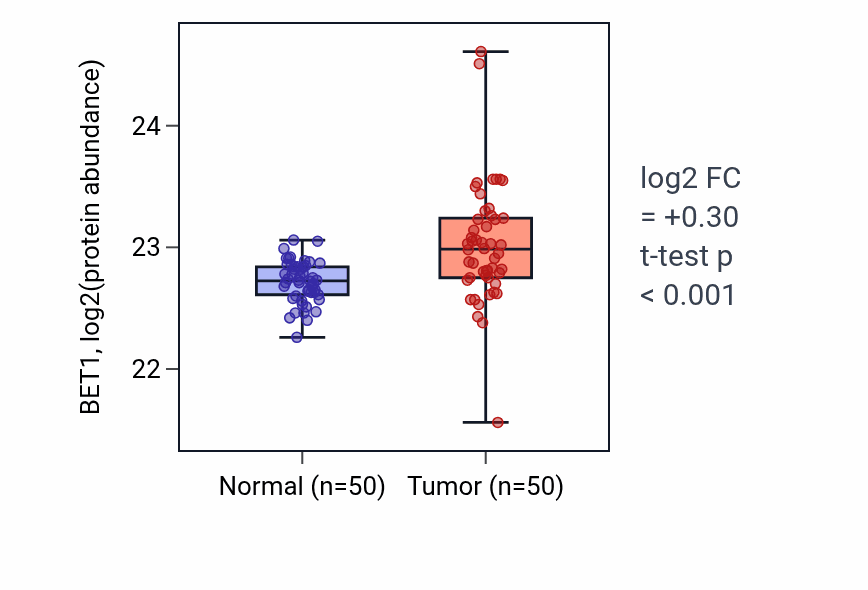 Tumor-vs-normal mass-spec protein box plot for BET1 in CCRCC.