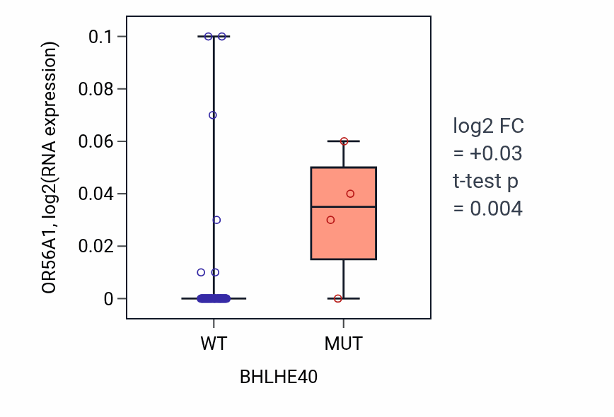 Box plot of OR56A1 in BHLHE40-low vs BHLHE40-high samples in BLOOD_Lymphoma.