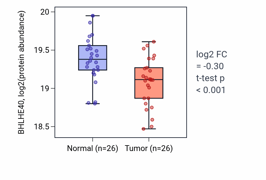 Tumor-vs-normal mass-spec protein box plot for BHLHE40 in HNSC.