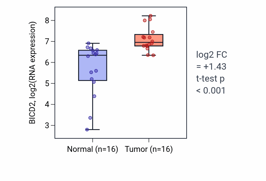 Tumor-vs-normal expression box plot for BICD2 in HNSC.