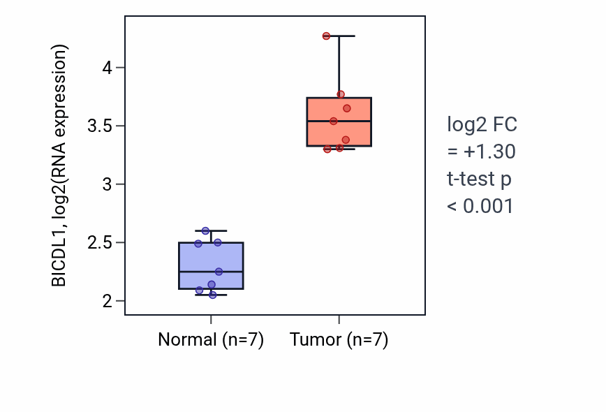 Tumor-vs-normal expression box plot for BICDL1 in COAD.