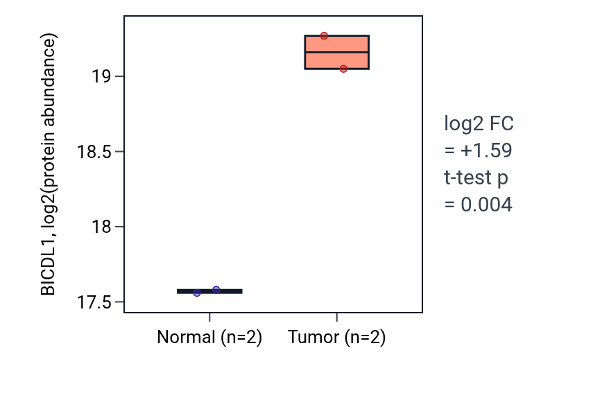Tumor-vs-normal mass-spec protein box plot for BICDL1 in HNSC.