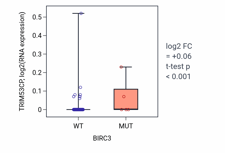 Box plot of TRIM53CP in BIRC3-low vs BIRC3-high samples in COAD.