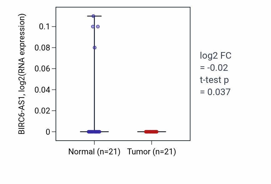 Tumor-vs-normal expression box plot for BIRC6-AS1 in KIRP.