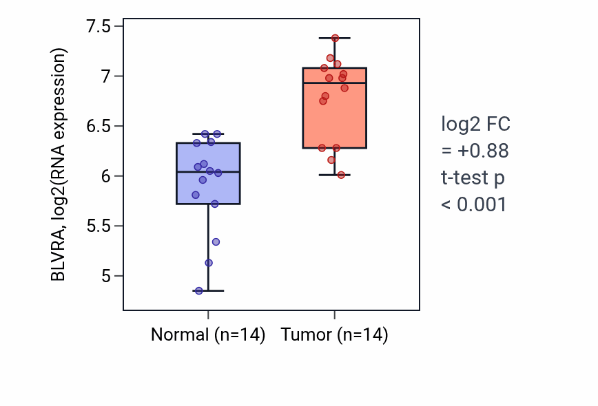 Tumor-vs-normal expression box plot for BLVRA RNA in KIRC.