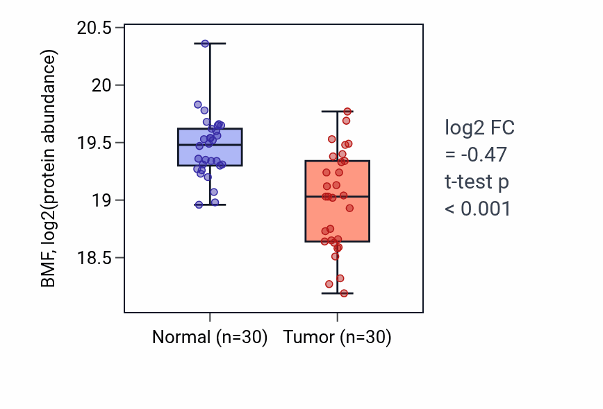 Tumor-vs-normal mass-spec protein box plot for BMF in CCRCC.