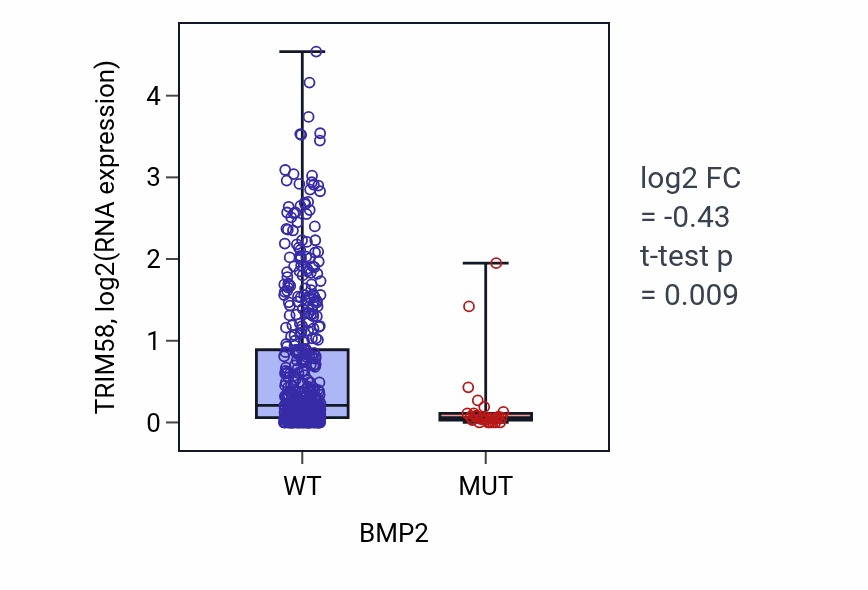 Box plot of TRIM58 in BMP2-low vs BMP2-high samples in UCEC.