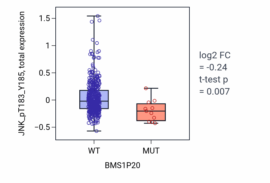 Box plot of JNK_pT183_Y185 in BMS1P20-low vs BMS1P20-high samples in UCEC.