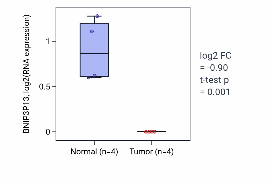 Tumor-vs-normal expression box plot for BNIP3P13 in THCA.