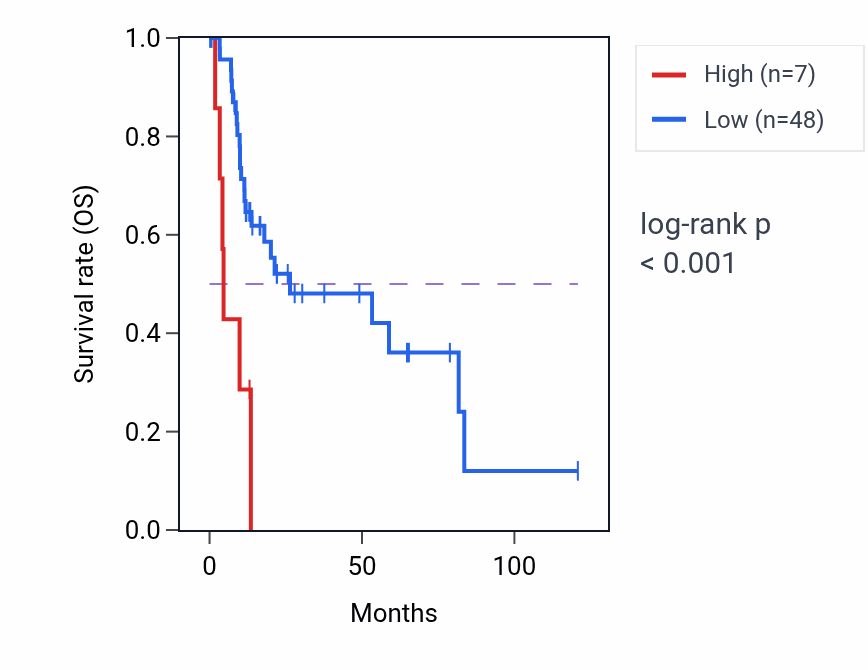 Kaplan&ndash;Meier survival curve for BNIP3P15 RNA expression in LIHC: high vs low expression groups.