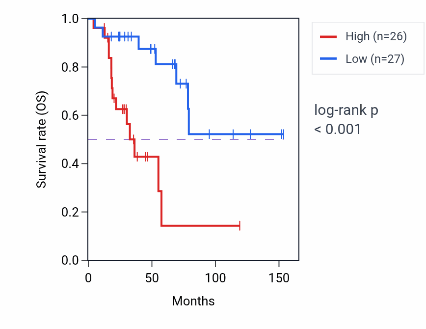 Kaplan&ndash;Meier survival curve for BNIP3P17 RNA expression in ACC: high vs low expression groups.