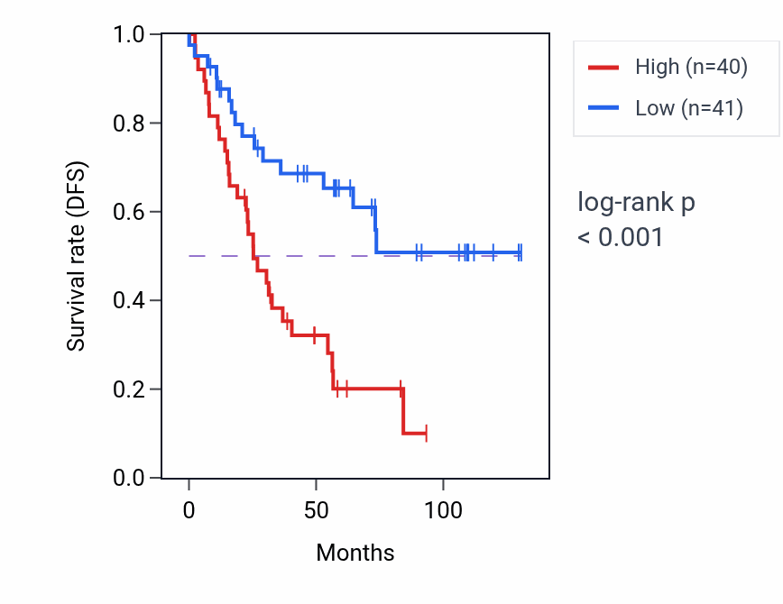 Kaplan&ndash;Meier survival curve for BNIP3P19 RNA expression in KIRC: high vs low expression groups.