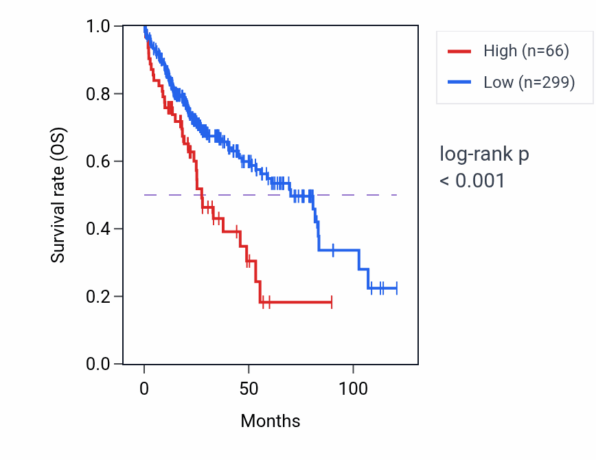 Kaplan&ndash;Meier survival curve for BNIP3P22 RNA expression in LIHC: high vs low expression groups.