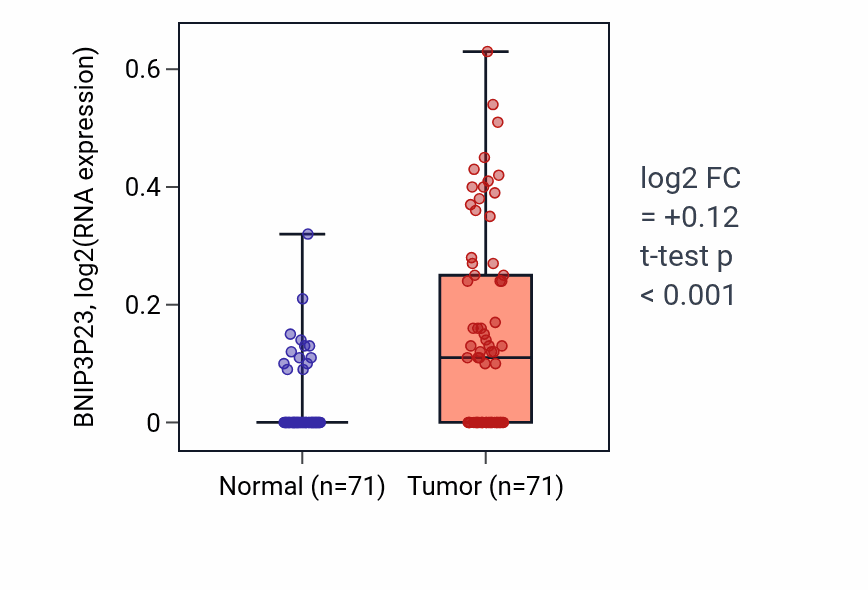 Tumor-vs-normal expression box plot for BNIP3P23 in KIRC.