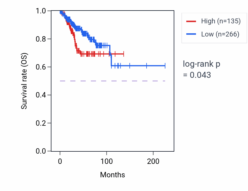 Kaplan&ndash;Meier survival curve for BNIP3P24 RNA expression in UCEC: high vs low expression groups.