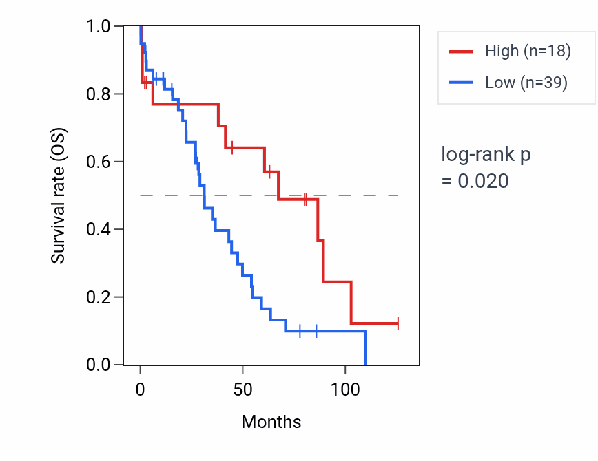 Kaplan&ndash;Meier survival curve for BNIP3P31 RNA expression in OV: high vs low expression groups.