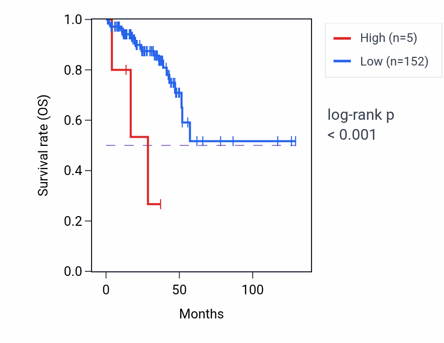 Kaplan&ndash;Meier survival curve for BNIP3P6 RNA-high vs -low samples in READ.