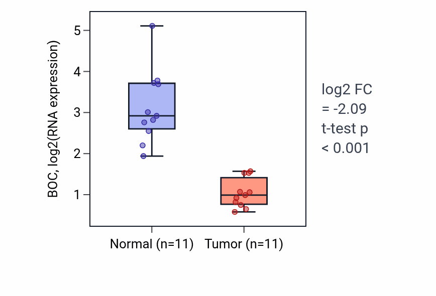 Tumor-vs-normal expression box plot for BOC in KICH.