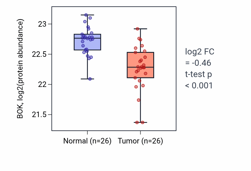 Tumor-vs-normal mass-spec protein box plot for BOK in CCRCC.