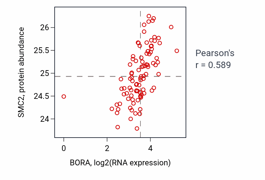 Per-sample scatter of BORA vs SMC2 in UCEC (Pearson r = 0.59).