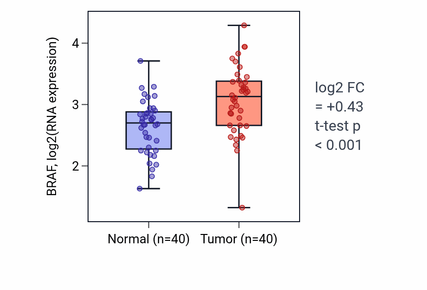 Tumor-vs-normal expression box plot for BRAF in HNSC.