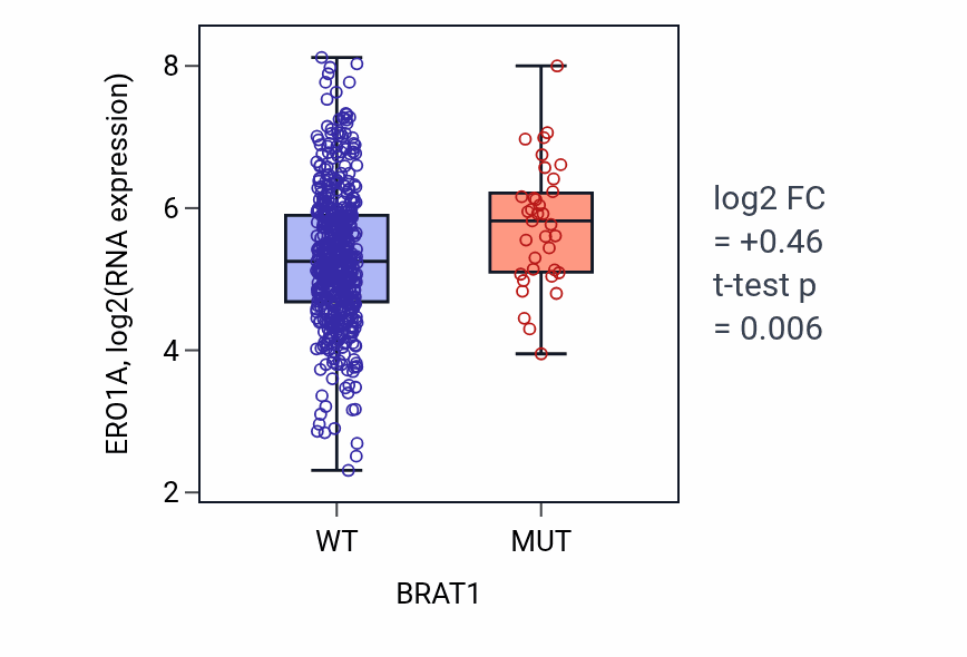 Box plot of ERO1A in BRAT1-low vs BRAT1-high samples in UCEC.