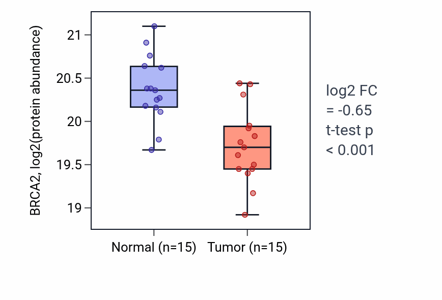 Tumor-vs-normal mass-spec protein box plot for BRCA2 in LSCC.